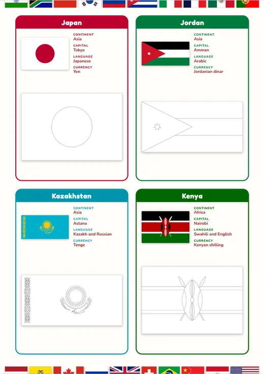 Flags of the World page: Japan, Jordan, Kazakhstan, and Kenya